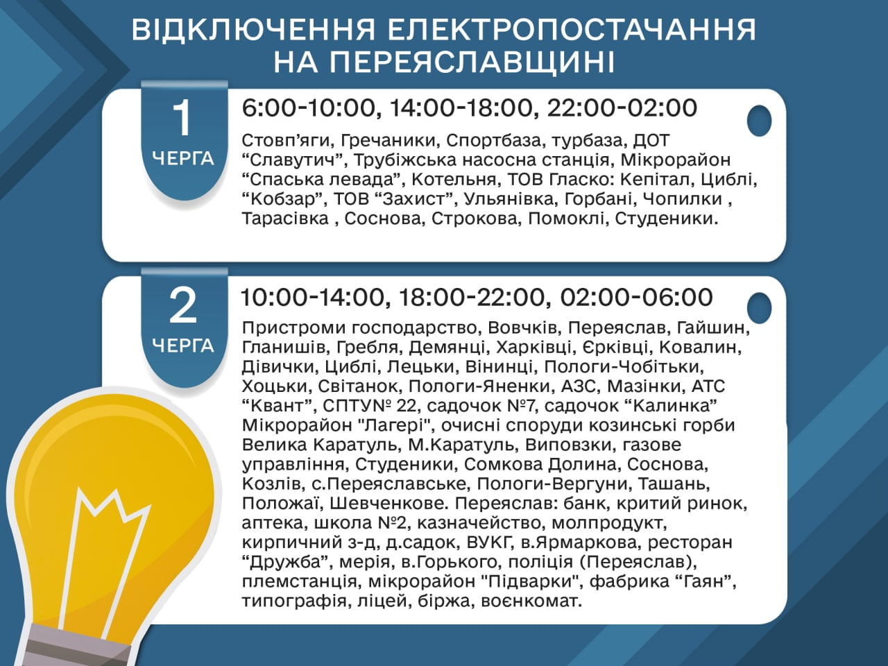 Планові відключення електропостачання на Переяславщині: оновлений графік від ДТЕК